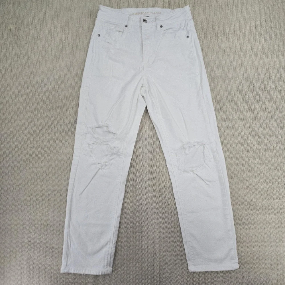 American Eagle Jeans‎ Womens 6 White Mom Straight Stretch Distressed Denim Pants